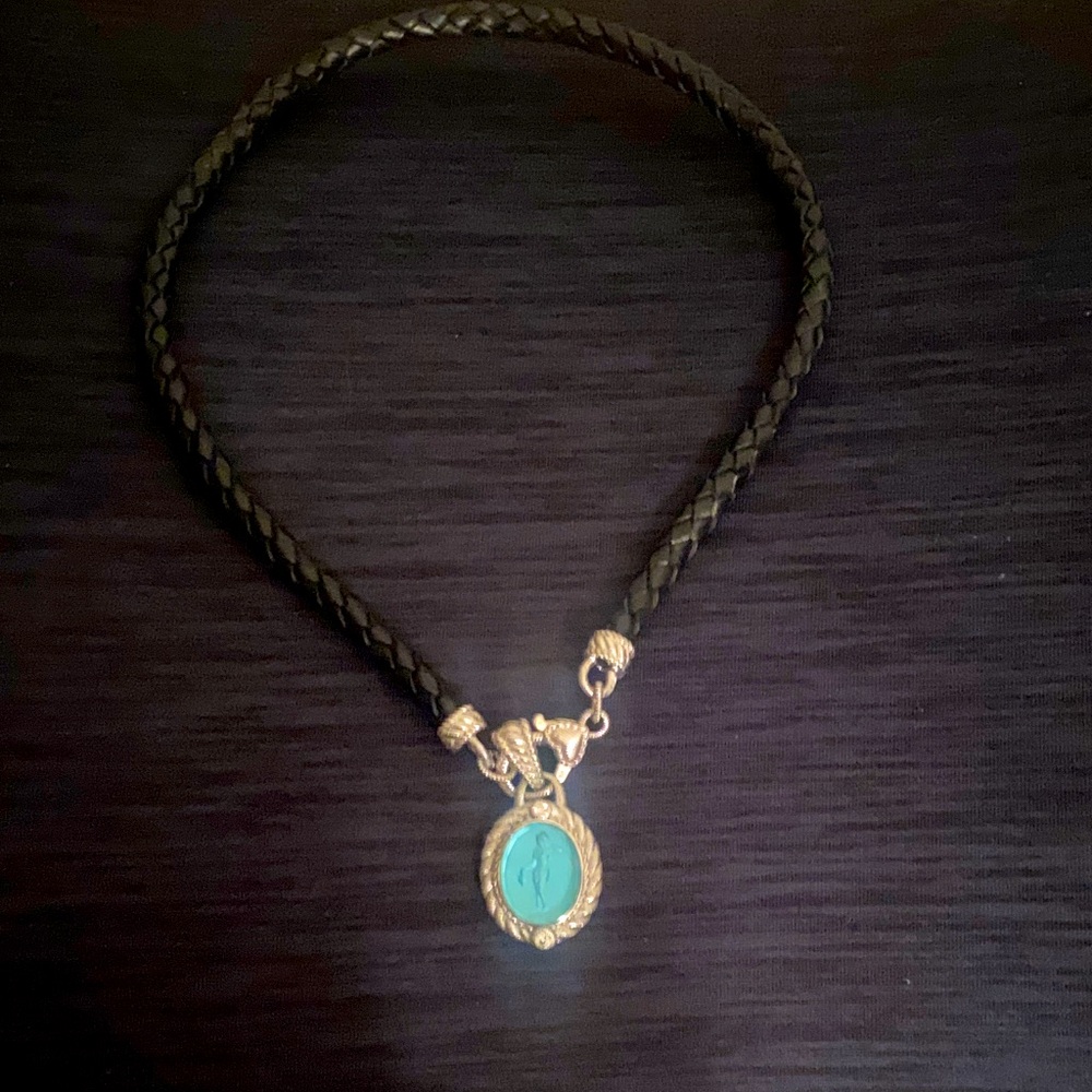 Judith Ripka Pendant Necklace with Turquoise Medallion on Braided Black Cord🦋🍒
